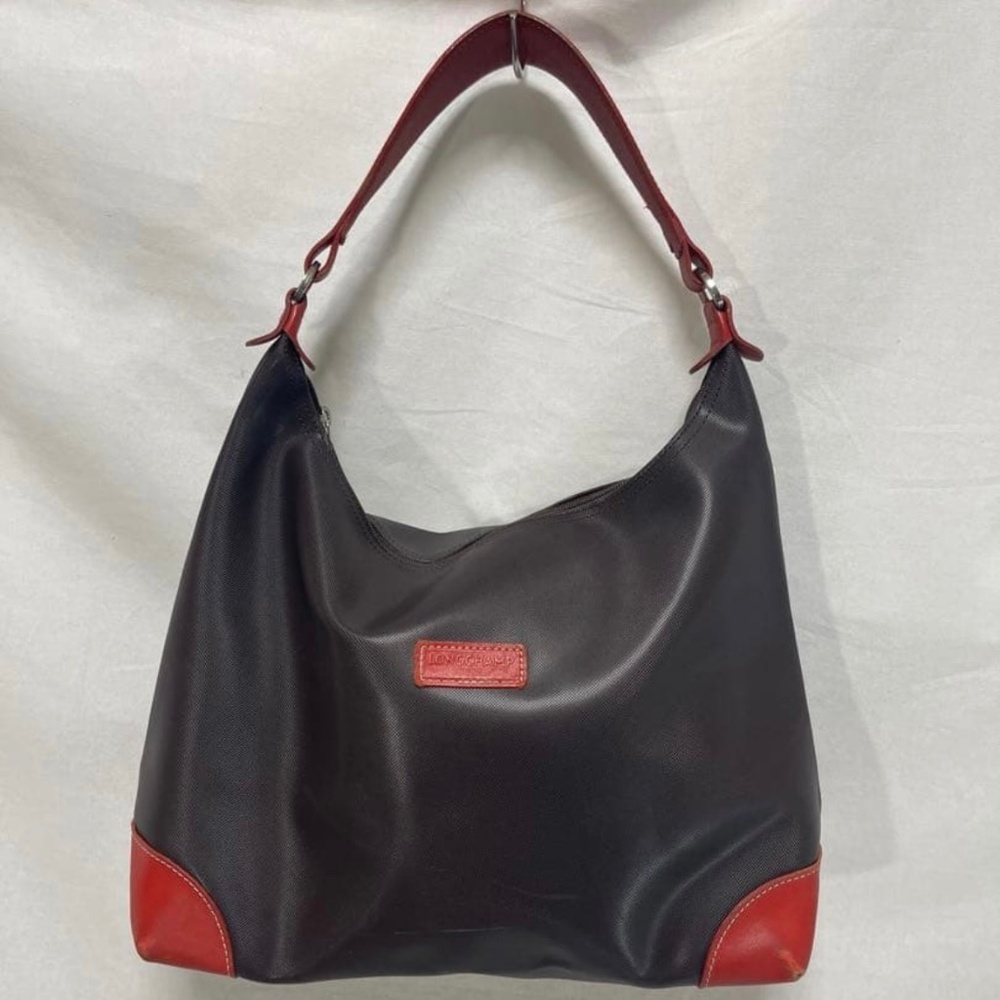 Longchamp Derby Black Dark Brown Red Accents Hobo Sling Purse Shoulder bag Vtg.